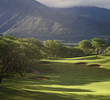 The Dunes at Maui Lani Golf Course's fourth hole is a par 5, playing to a green guarded by many pot bunkers. 